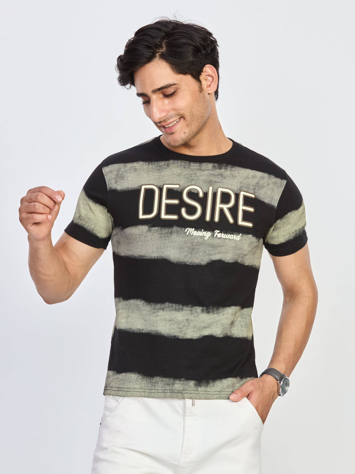 Black & Olive Desire Print Round Neck T-Shirt