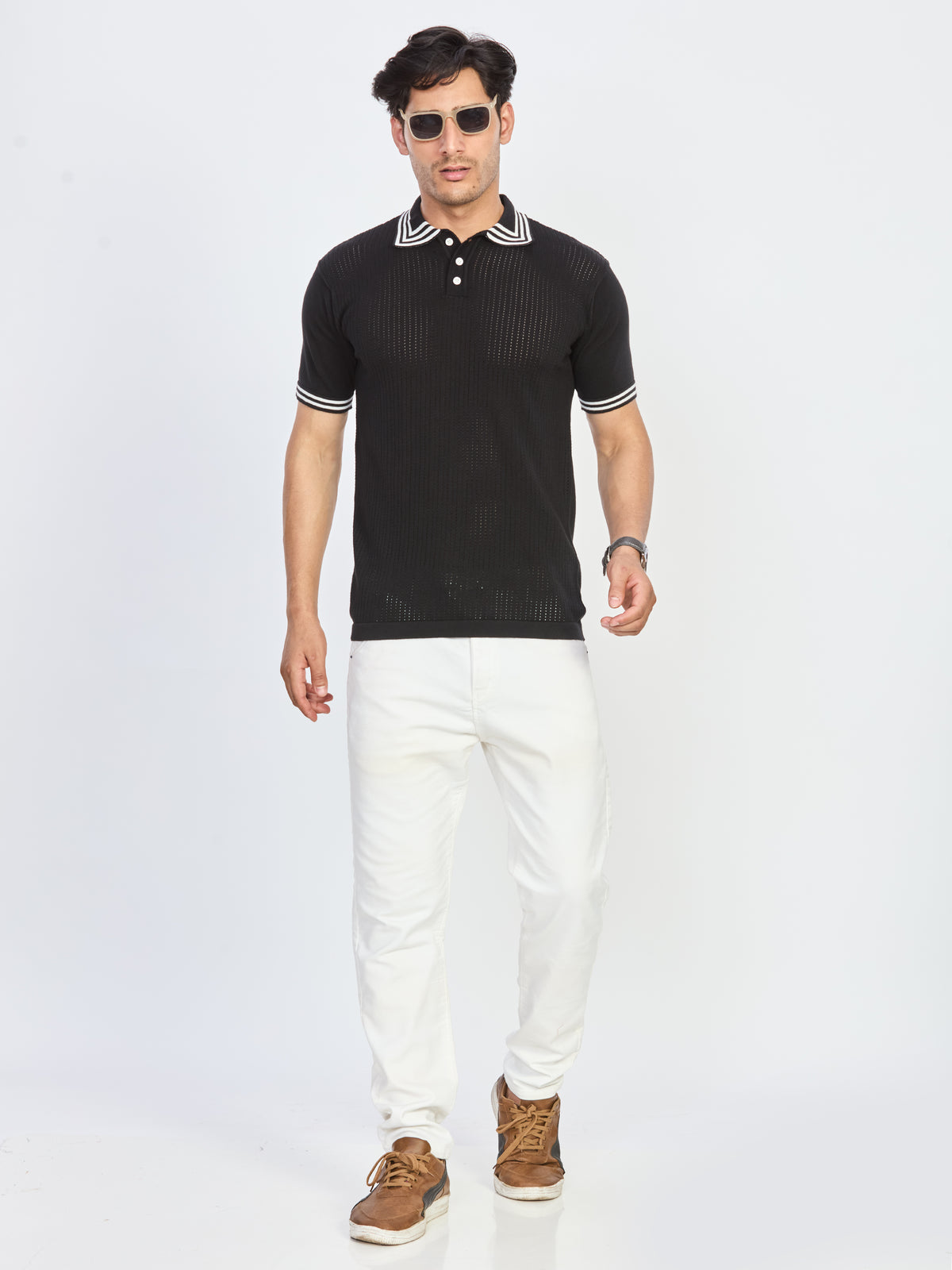 Black Contrast Stripe Knitted Polo T-Shirt