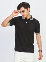 Black Contrast Stripe Knitted Polo T-Shirt