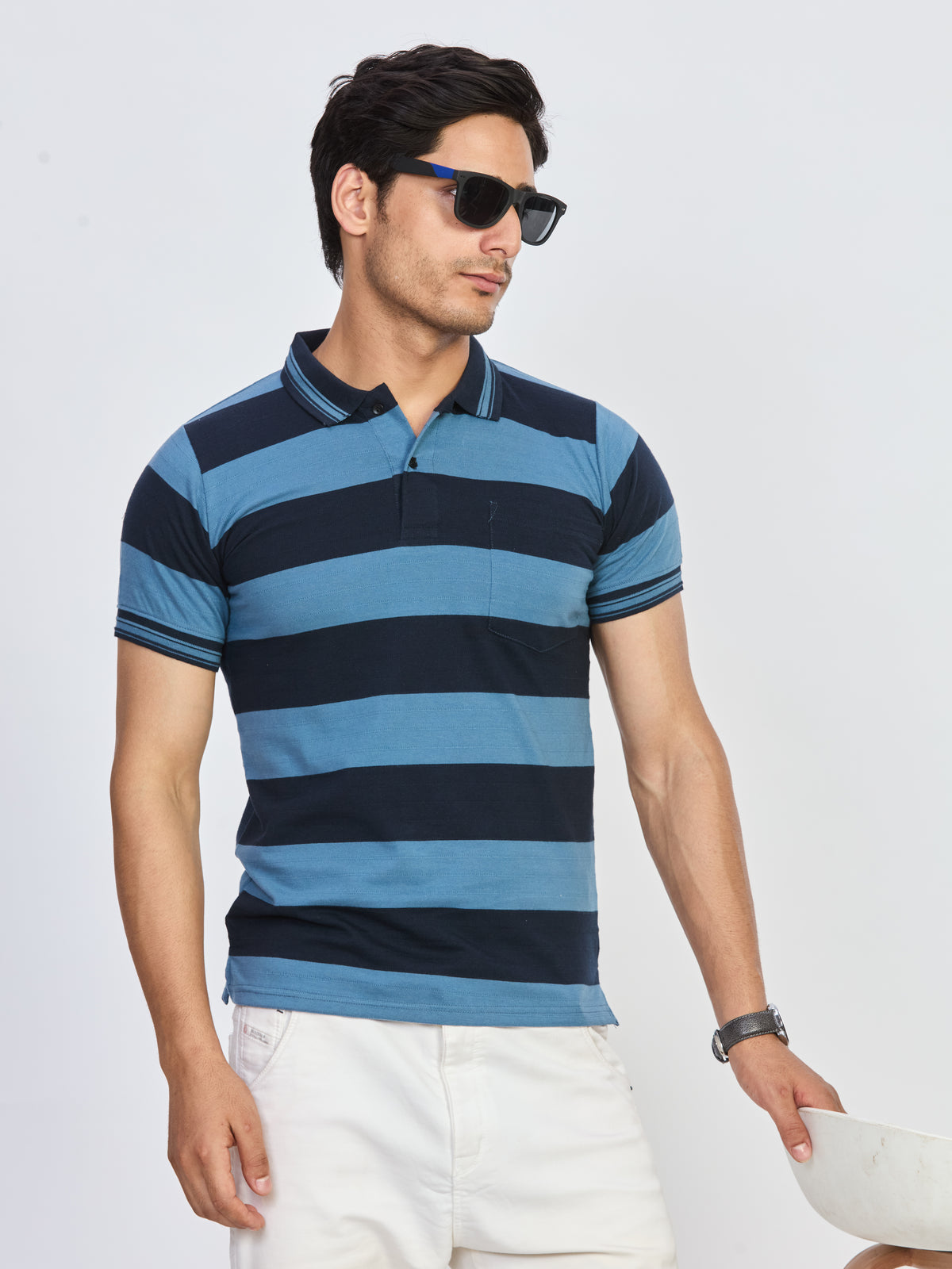 Dual Tone Blue Stripe Polo T-Shirt
