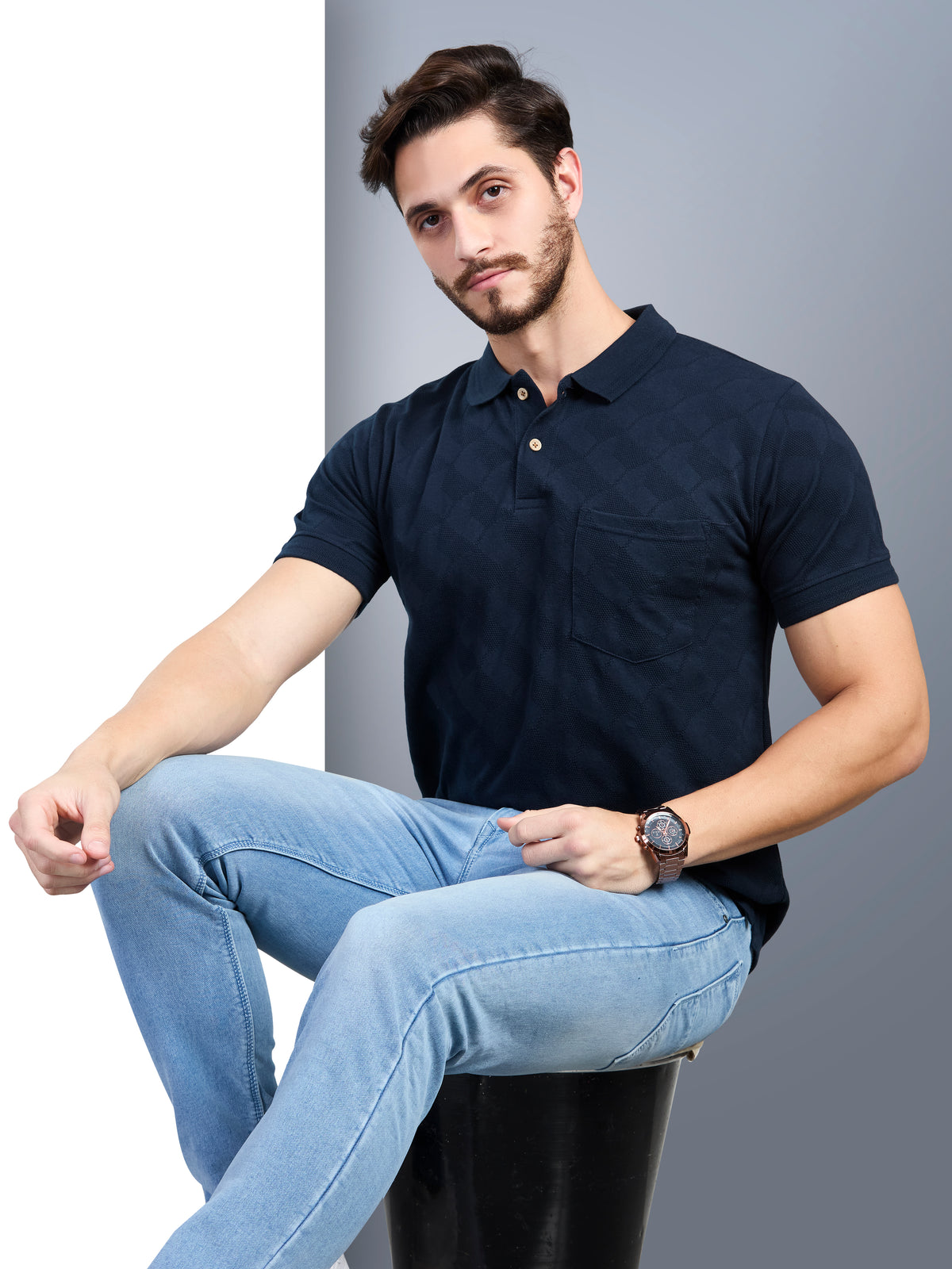 Dark Navy Striped Polo Neck T-Shirt