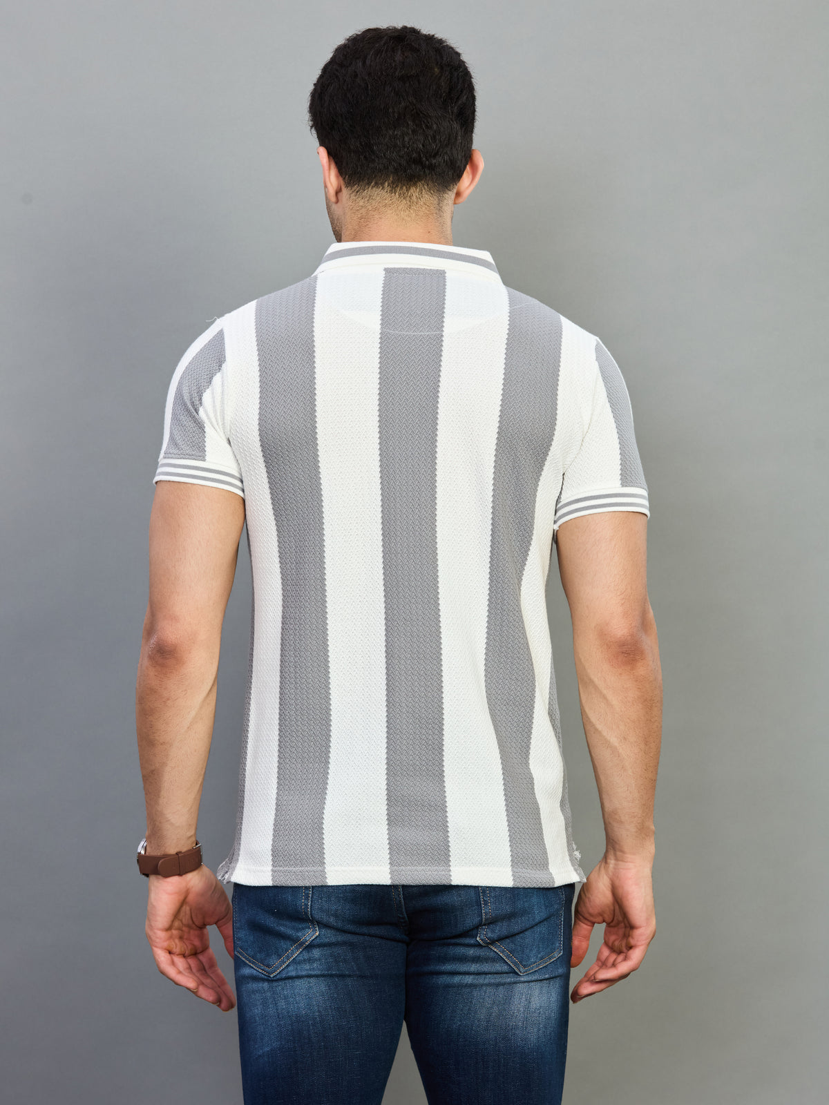 Grey White Striped Knit Polo Neck T-Shirt