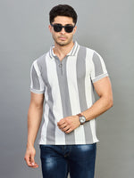 Grey White Striped Knit Polo Neck T-Shirt