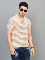 Beige White Horizontal Stripe Polo T-Shirt
