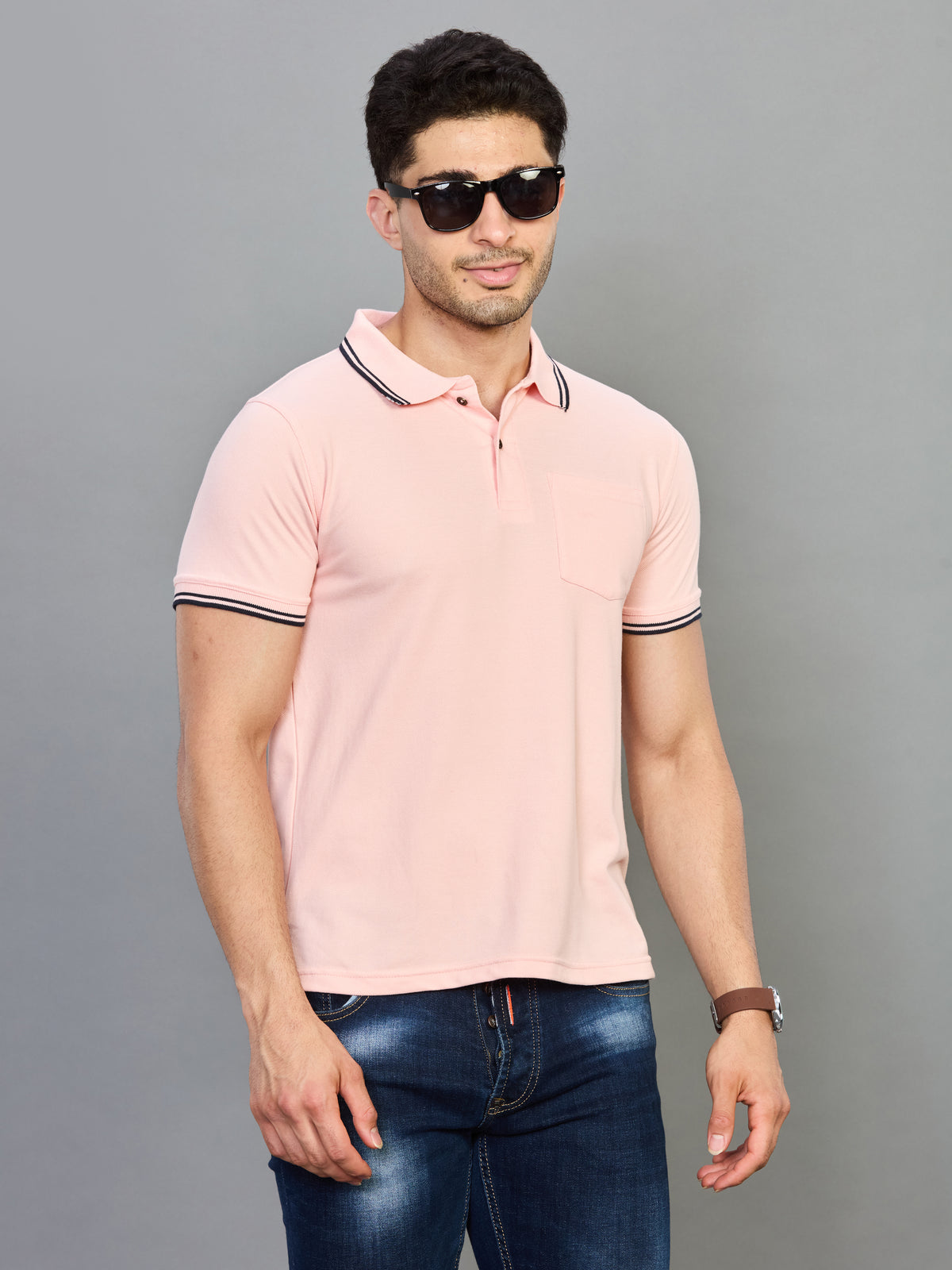 Peach Polo Neck T-shirt With Pocket