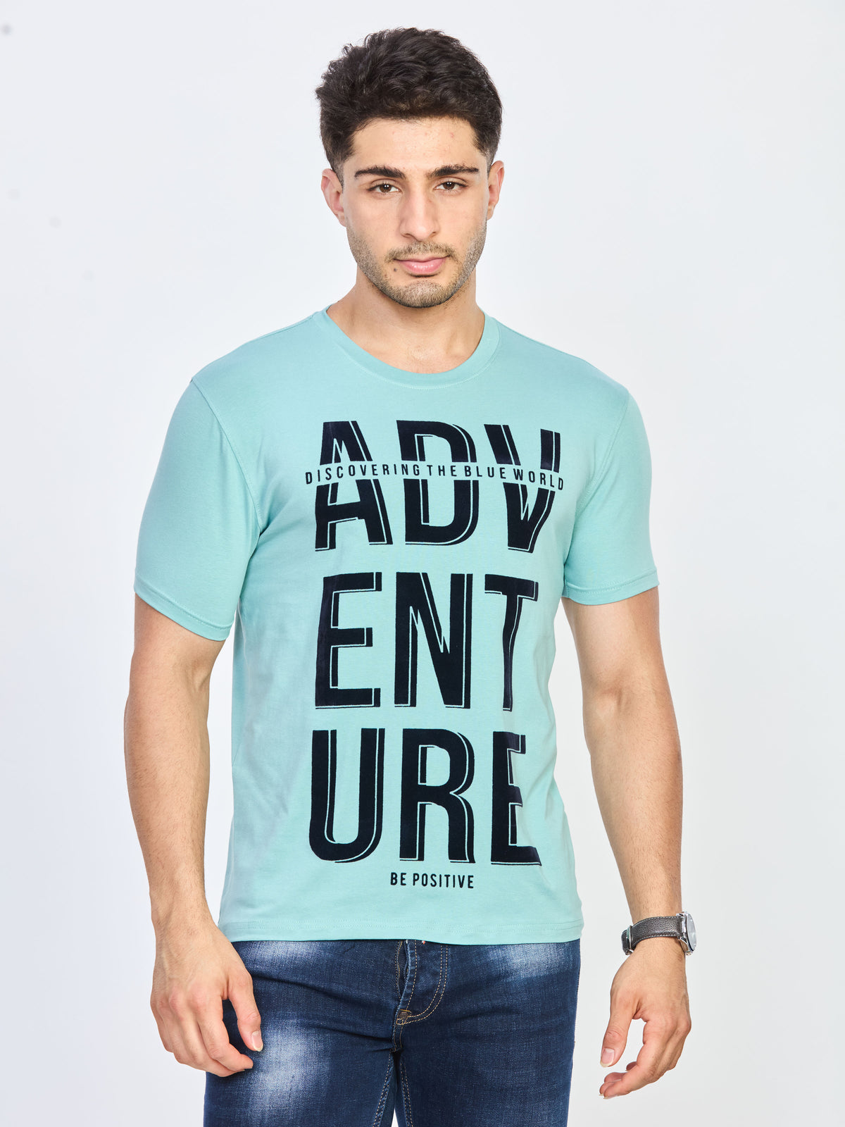 Blue Printed CottonRound Neck T-Shirt