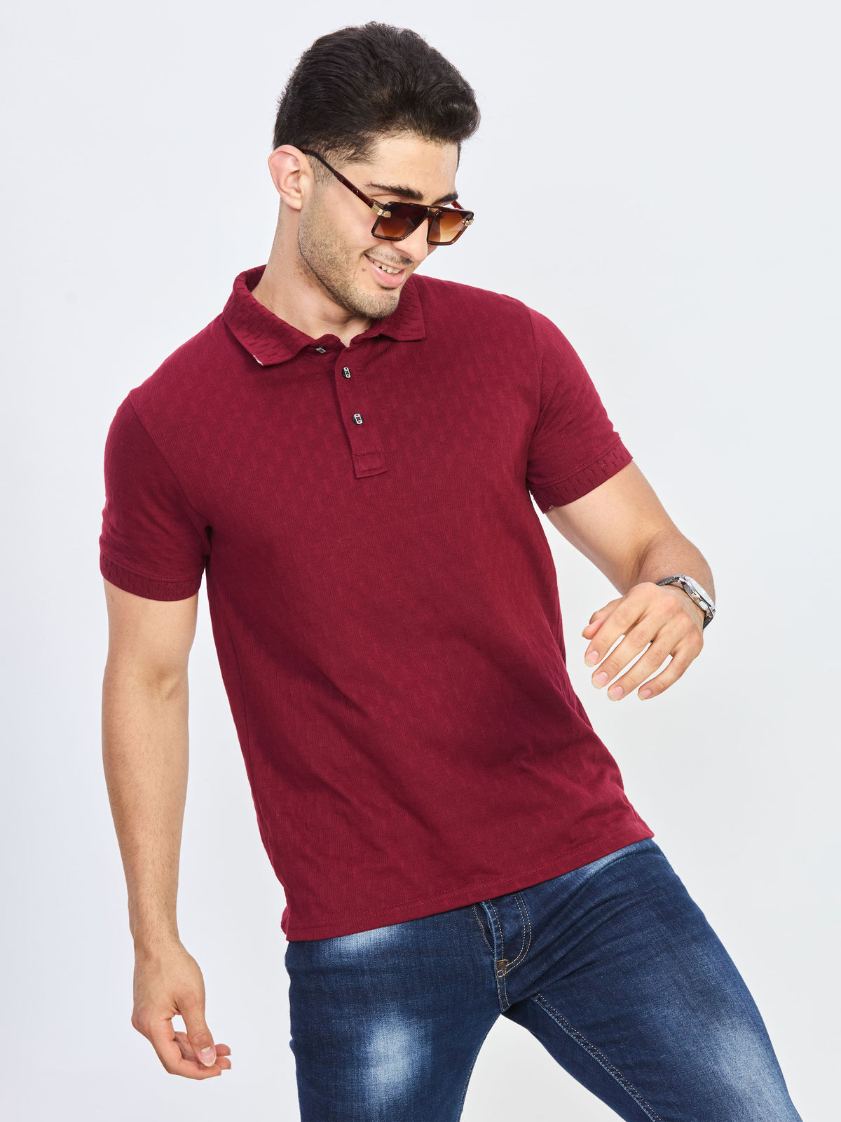 Maroon Textured Cotton Polo T-Shirt