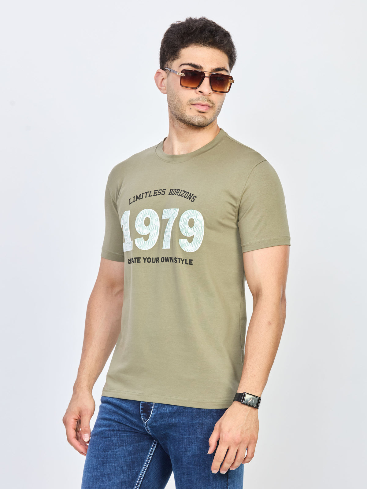 Olive Green Printed Round NeckT-Shirt