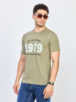 Olive Green Printed Round NeckT-Shirt