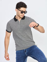 Black & White Striped Half Zip Polo T-Shirt