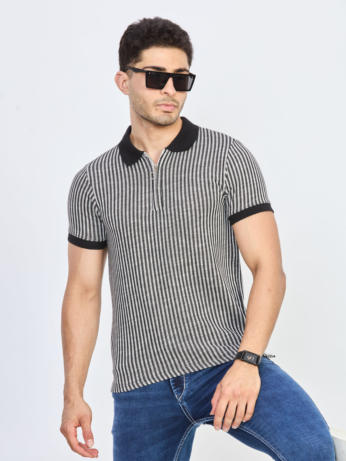 Black & White Striped Half Zip Polo T-Shirt
