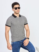 Black & White Striped Half Zip Polo T-Shirt