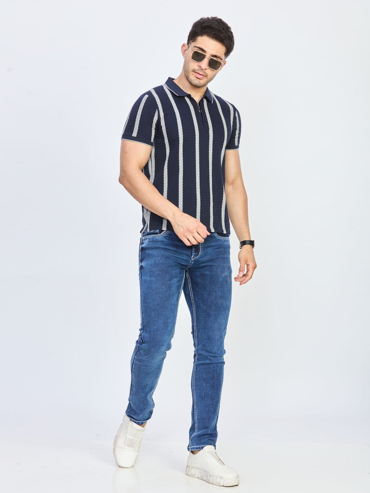 Navy Blue & Grey Stripe Textured Zip Polo T-Shirt