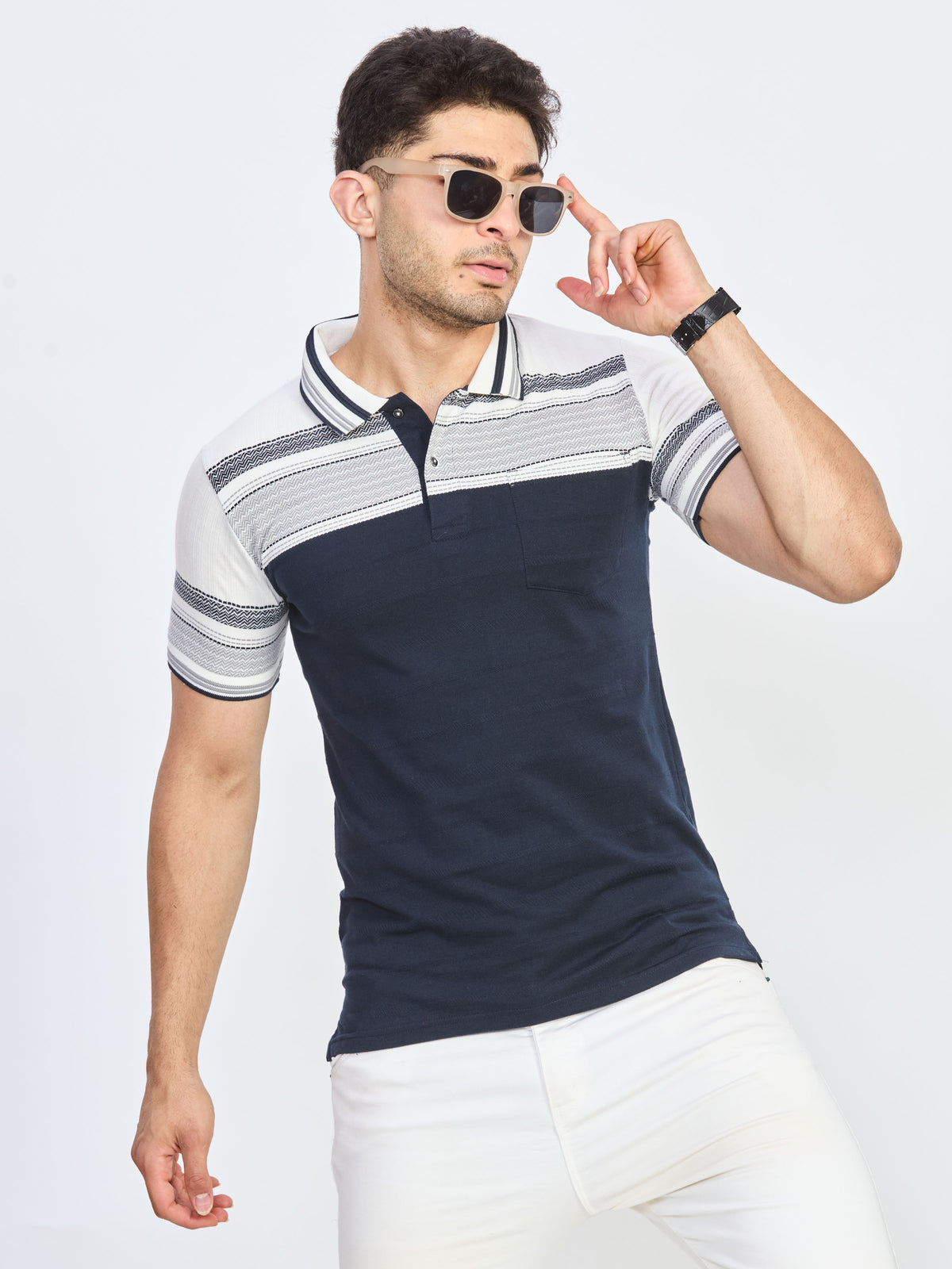 Navy Blue & White Patterned Polo T-Shirt