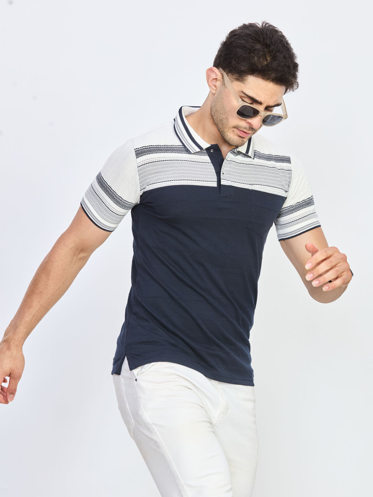 Navy Blue & White Patterned Polo T-Shirt