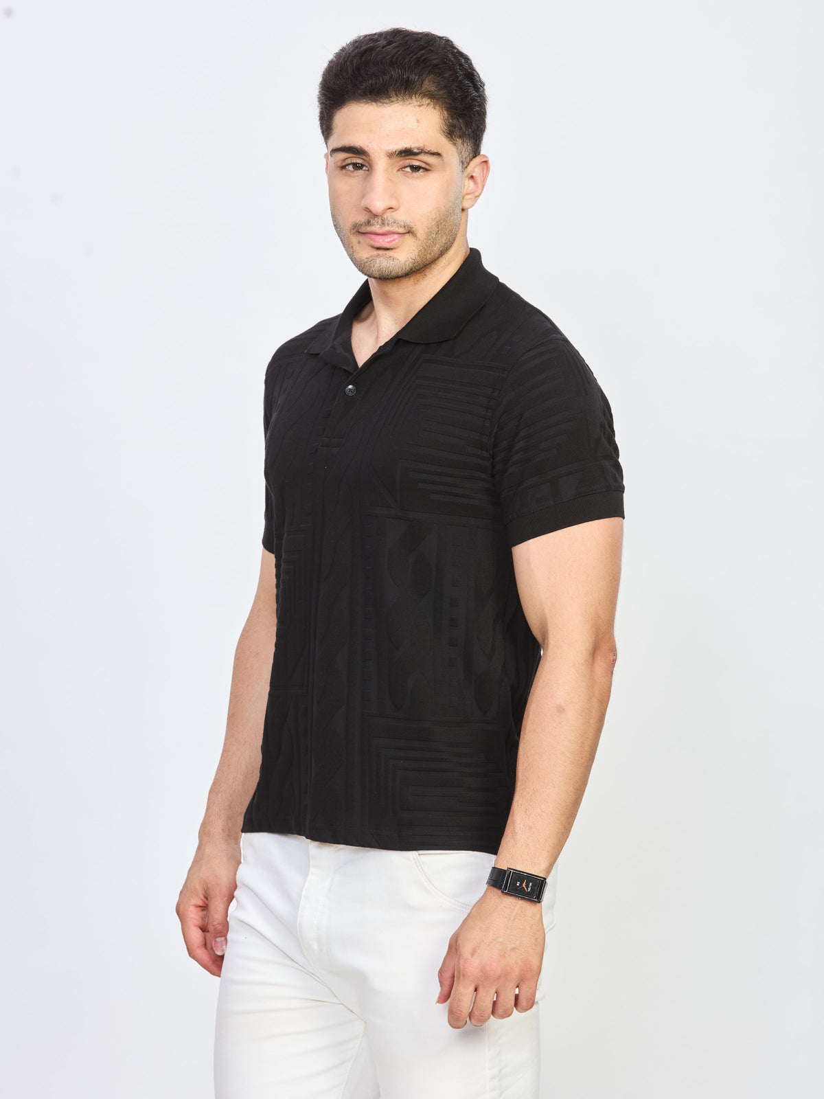 Black Geometric Textured Polo T-Shirt