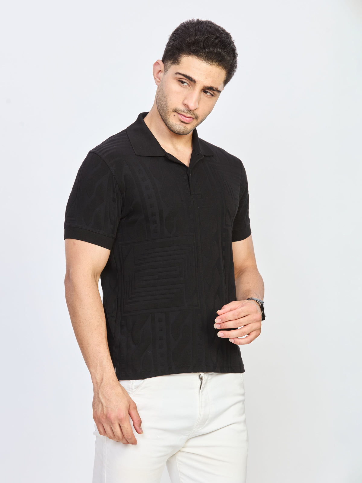 Black Geometric Textured Polo T-Shirt