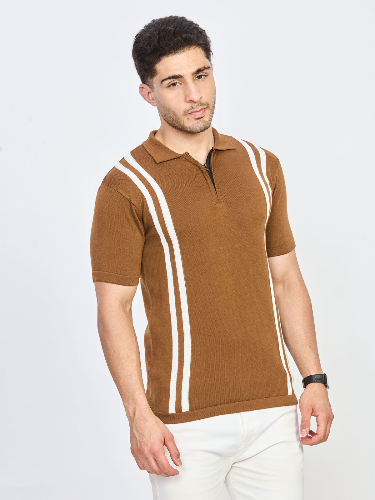 Camel Brown Half Zip Polo T-Shirt