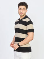 Black Cream Regular Fit Striped Polo T-Shirt
