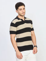 Black Cream Regular Fit Striped Polo T-Shirt