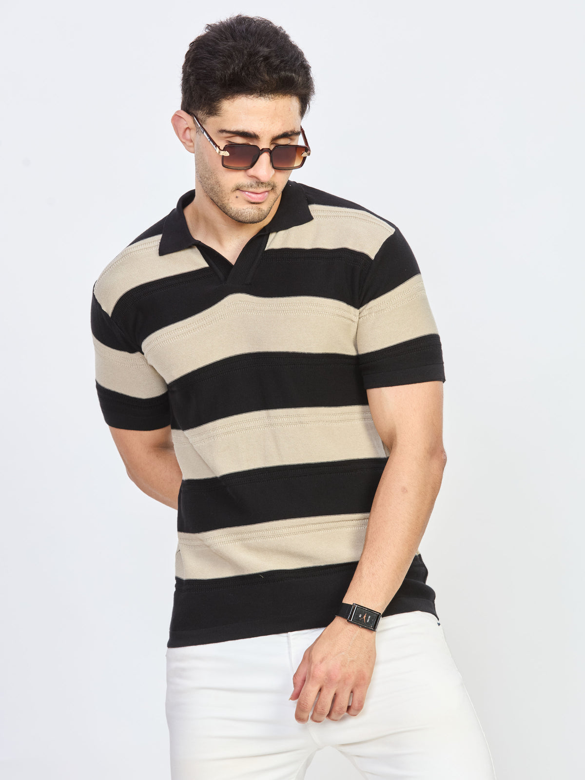 Black Cream Regular Fit Striped Polo T-Shirt