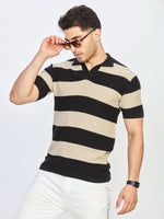 Black Cream Regular Fit Striped Polo T-Shirt