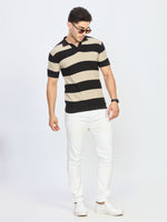 Black Cream Regular Fit Striped Polo T-Shirt