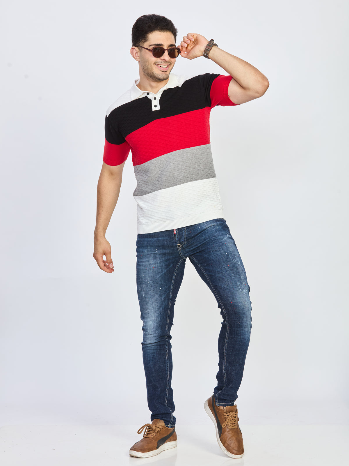 Multicolor Color Block Textured Knit Polo T-Shirt