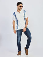 Ivory White & Sky Blue Striped Knit Zip Polo T-Shirt