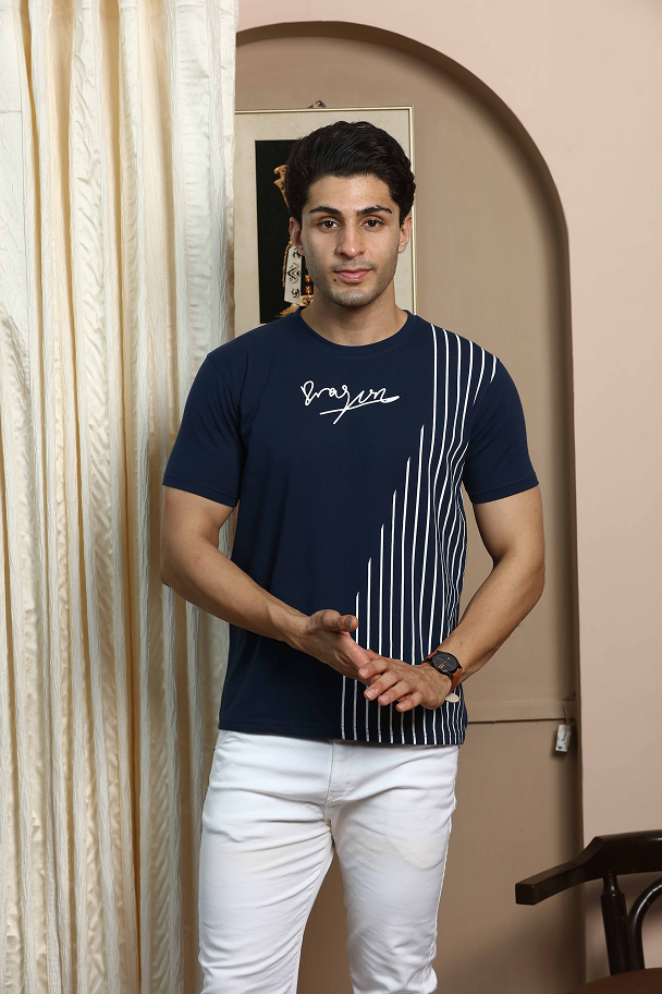 Navy Blue Graphic Print Round Neck Stretchable T-Shirt