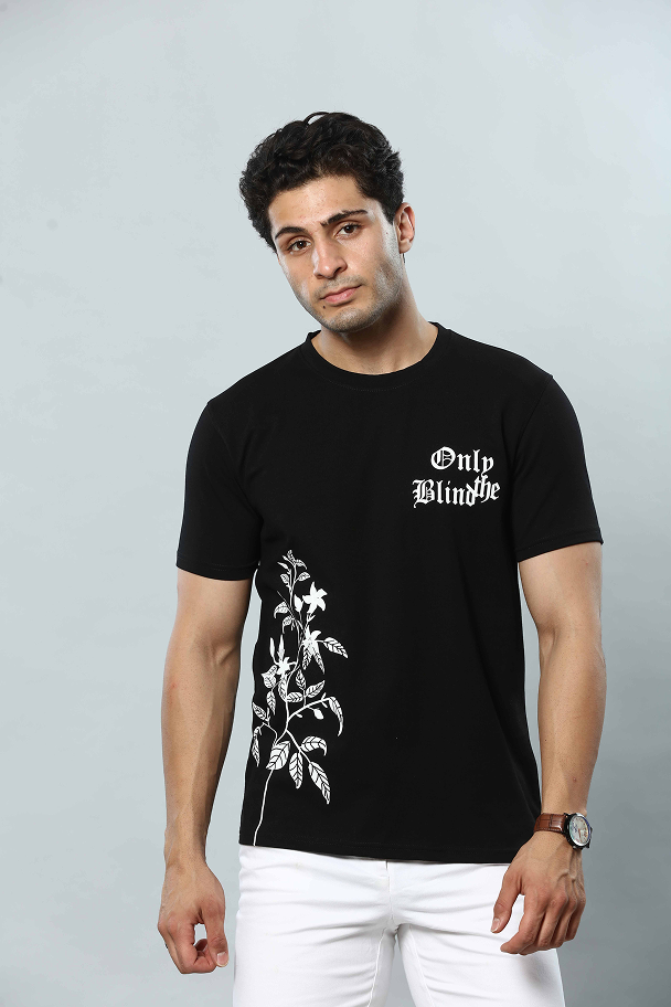 Black Graphic Print Round Neck Stretchable T-Shirt
