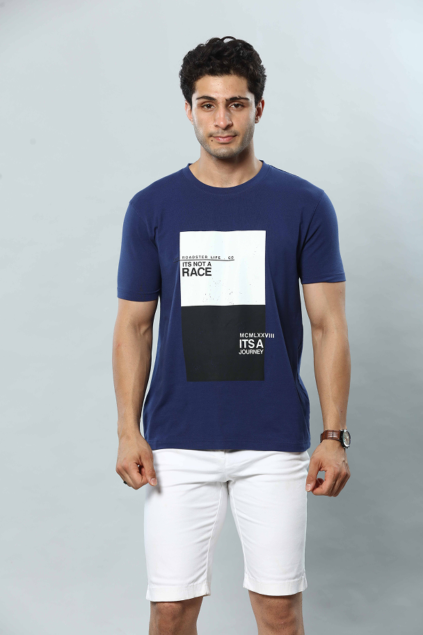 Navy Blue Graphic Print Round Neck Stretchable T-Shirt