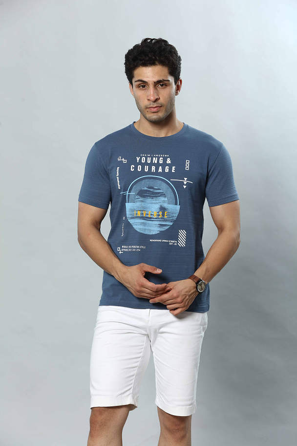 Slate Blue Graphic Print Round Neck Stretchable T-Shirt
