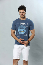 Slate Blue Graphic Print Round Neck Stretchable T-Shirt