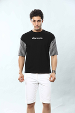 Black Hand Strpied Round Neck Oversized Drop Shoulder T-Shirt