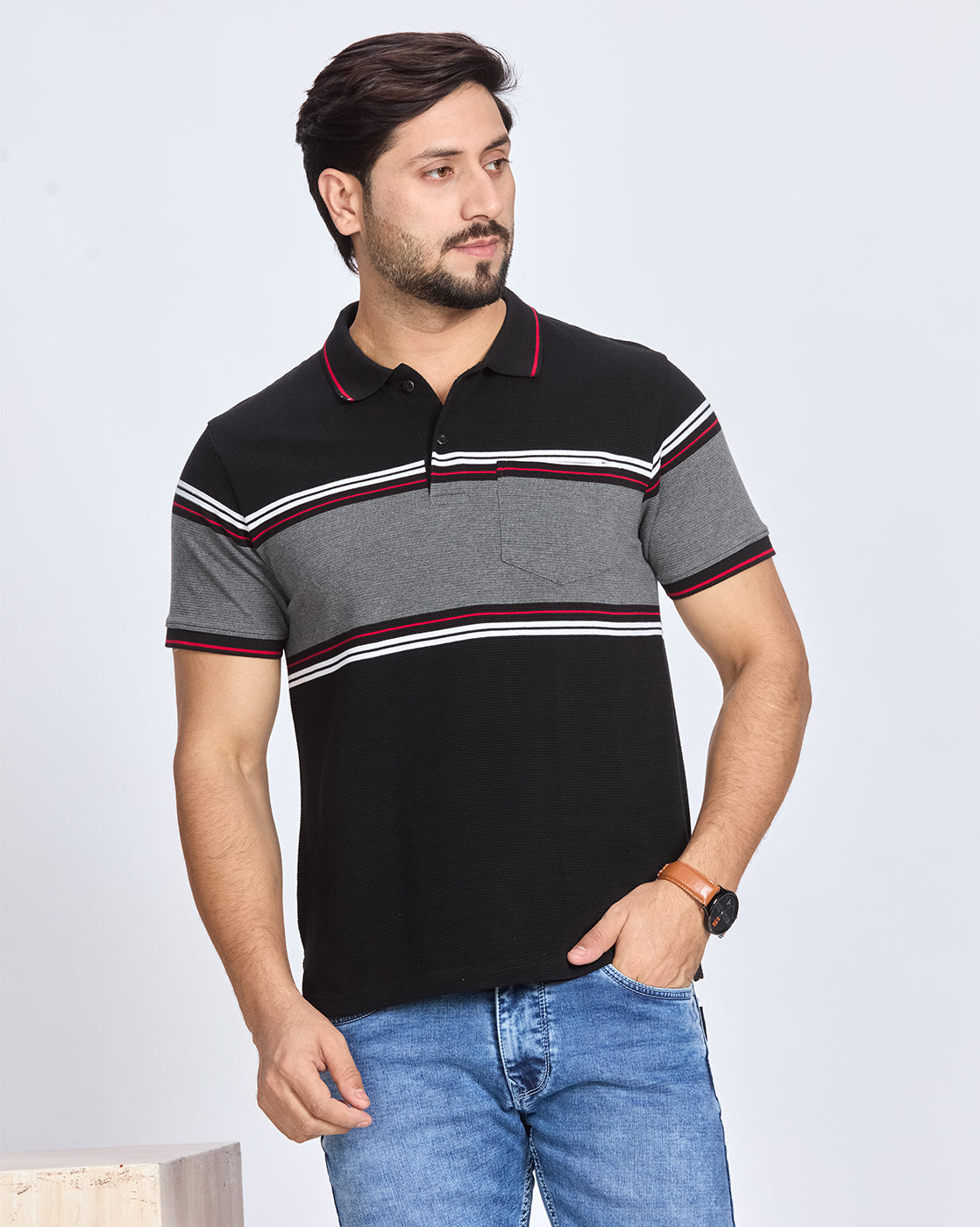 Black & Grey Striped Polo T-Shirt