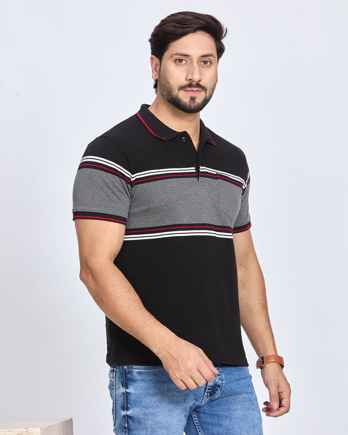 Black & Grey Striped Polo T-Shirt