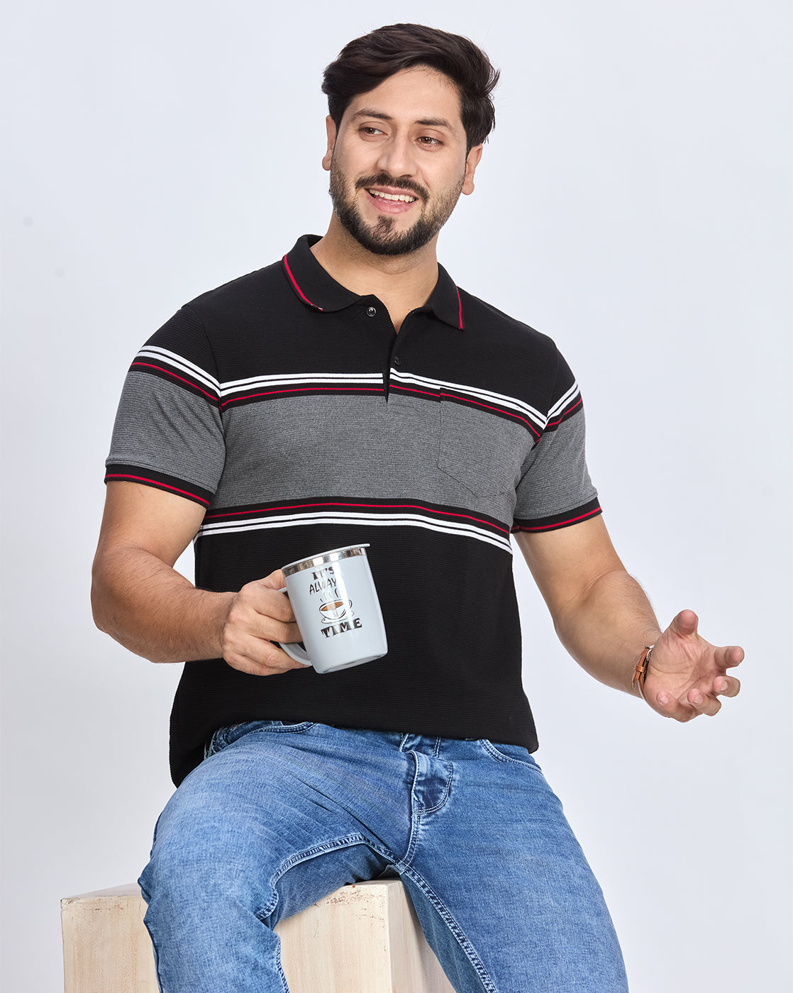 Black & Grey Striped Polo T-Shirt