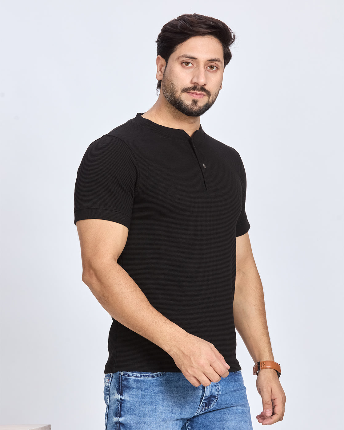 Black Henley Neck T-Shirt