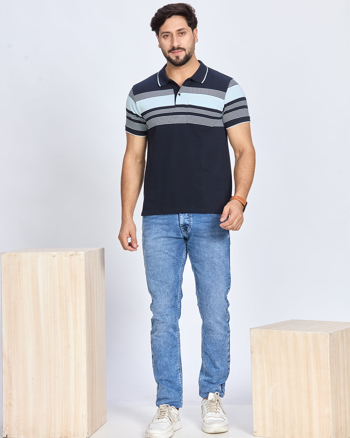 Navy Blue Striped Polo Neck T-shirt