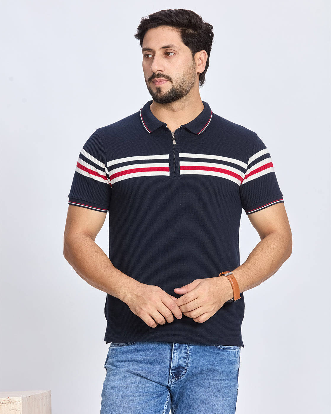 Navy Blue Striped Polo Neck T-Shirt
