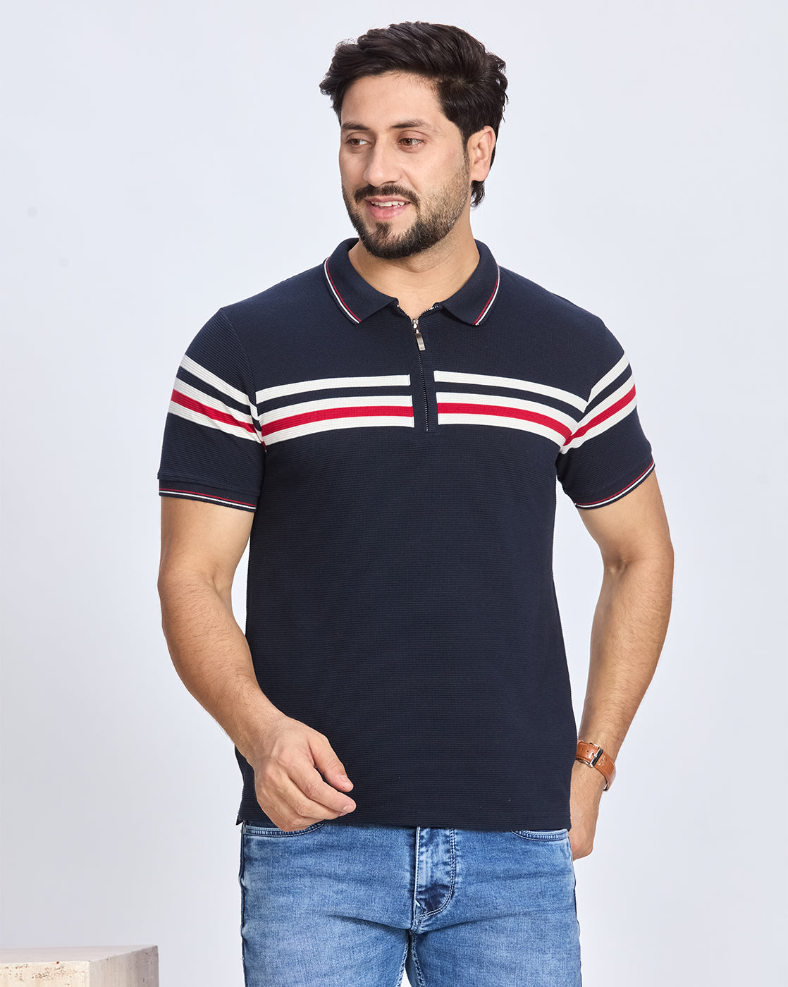 Navy Blue Striped Polo Neck T-Shirt