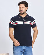 Navy Blue Striped Polo Neck T-Shirt