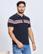 Navy Blue Striped Polo Neck T-Shirt
