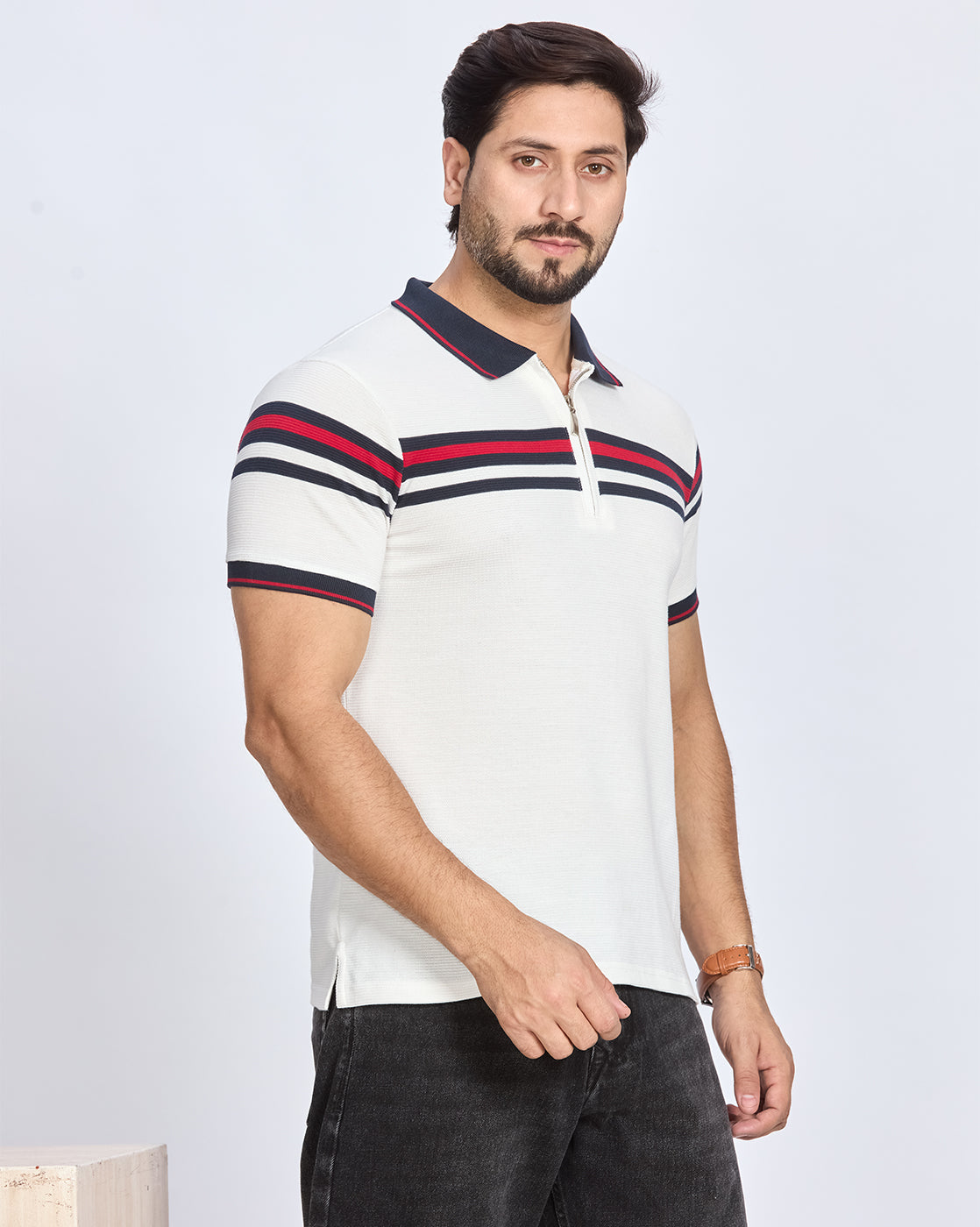 White Striped Polo Neck T-Shirt