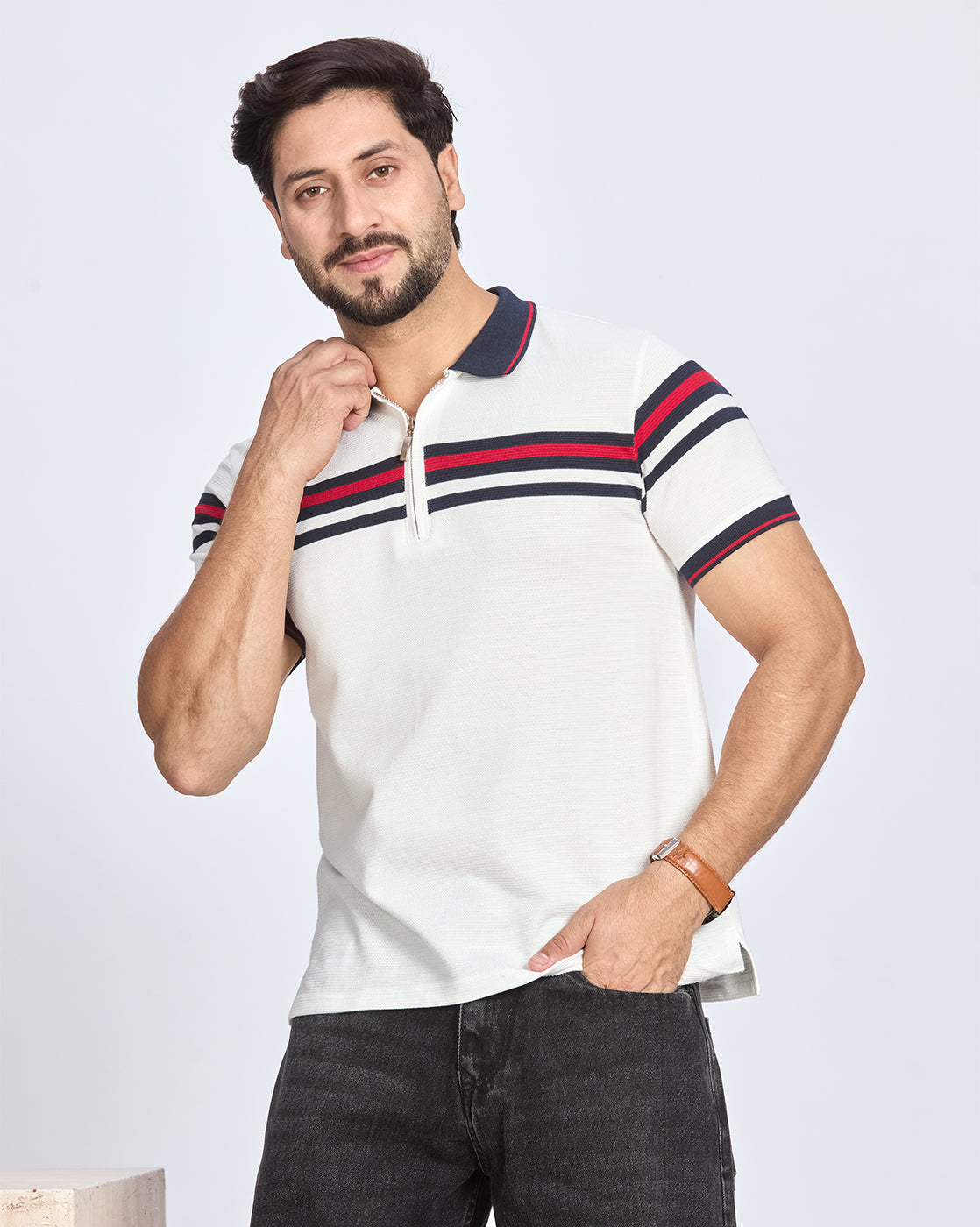 White Striped Polo Neck T-Shirt