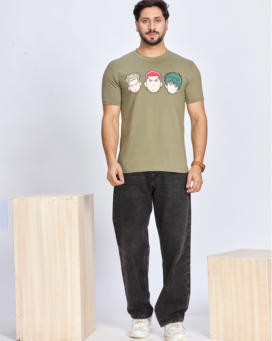 Olive Printed Round Neck Cotton T-Shirt