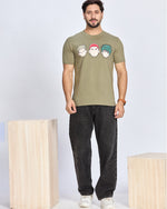 Olive Printed Round Neck Cotton T-Shirt