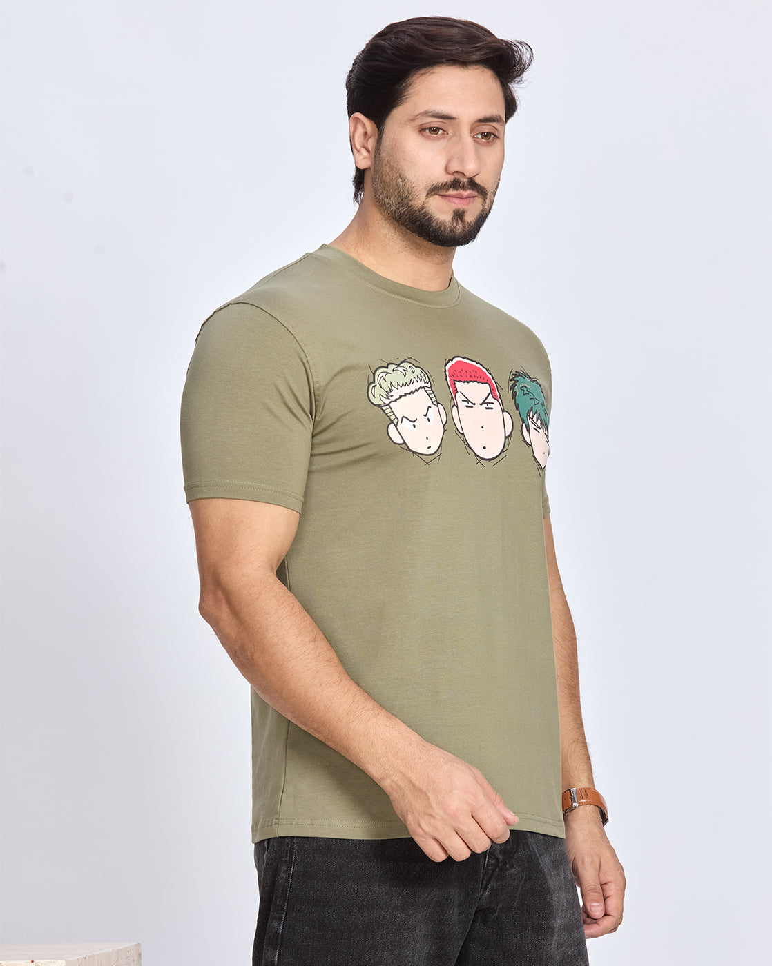 Olive Printed Round Neck Cotton T-Shirt