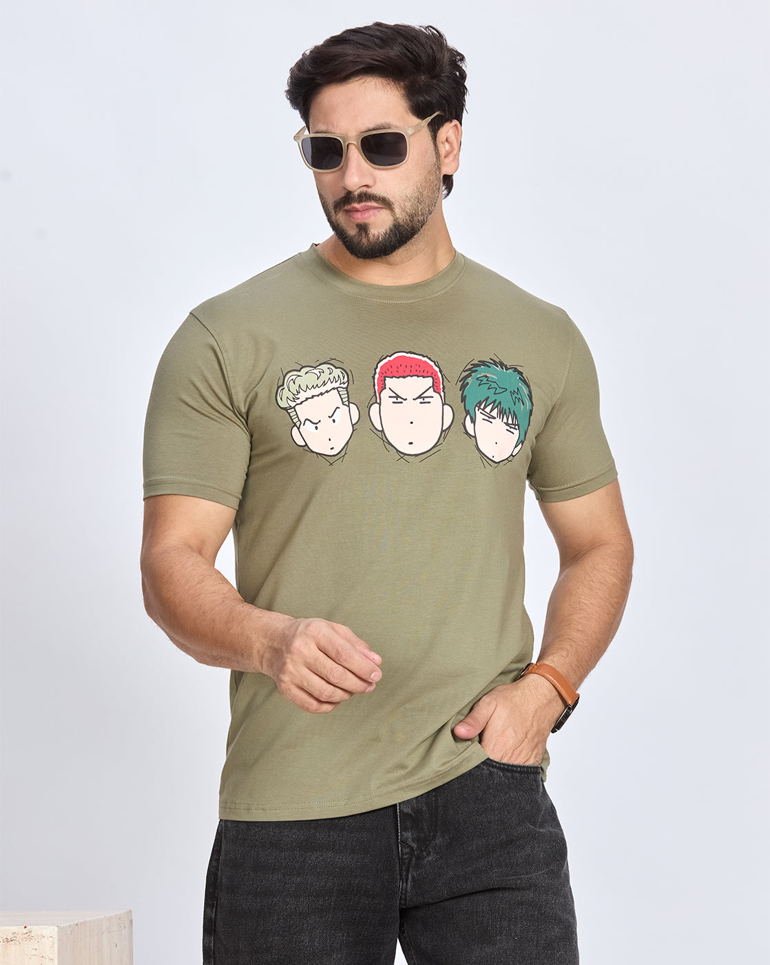 Olive Printed Round Neck Cotton T-Shirt